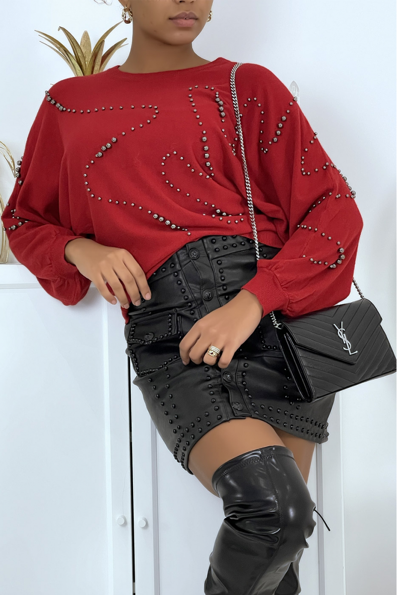 Fluid red burgundy sweater with studded bat sleeves - 1