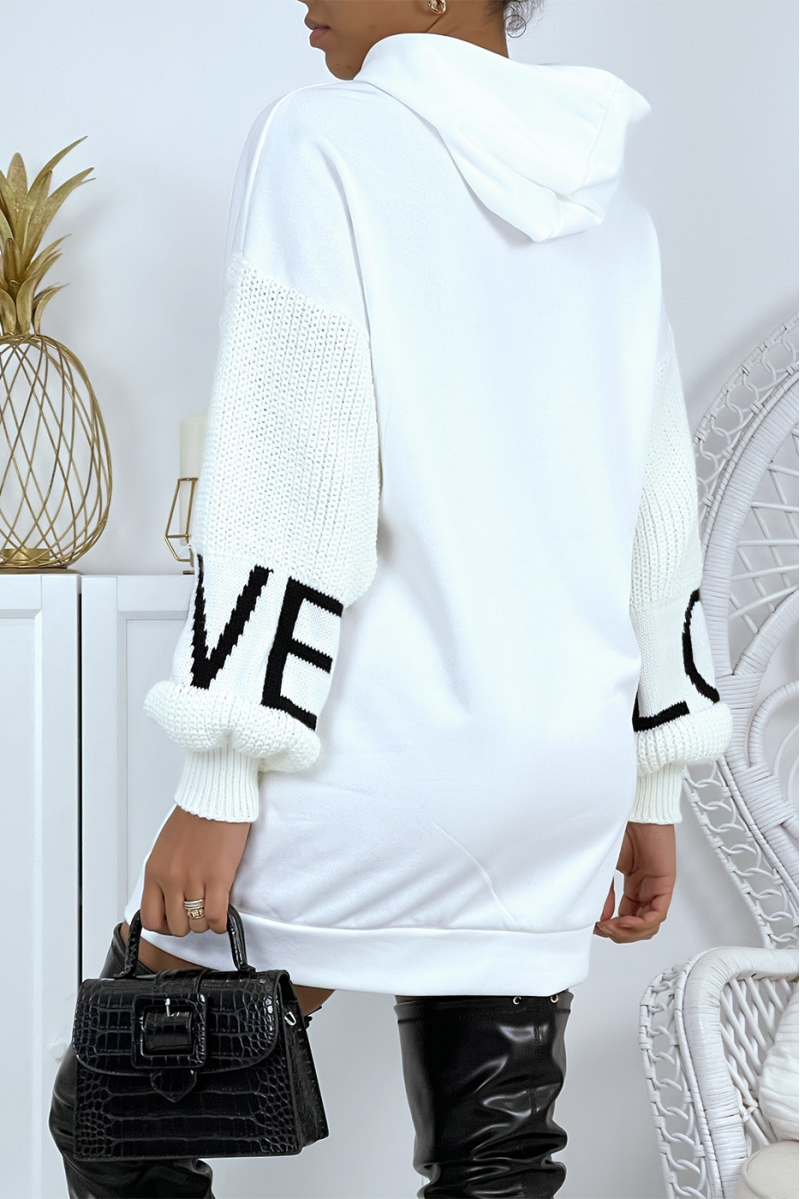 Witte hoodie met pofmouwen in grof breisel en LOVE-letters - 4
