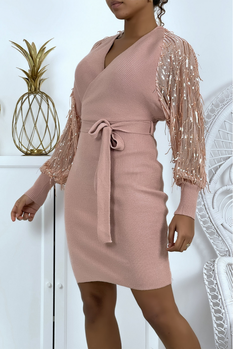 Pink Sequin Sleeve Sheer Wrap Dress - 3
