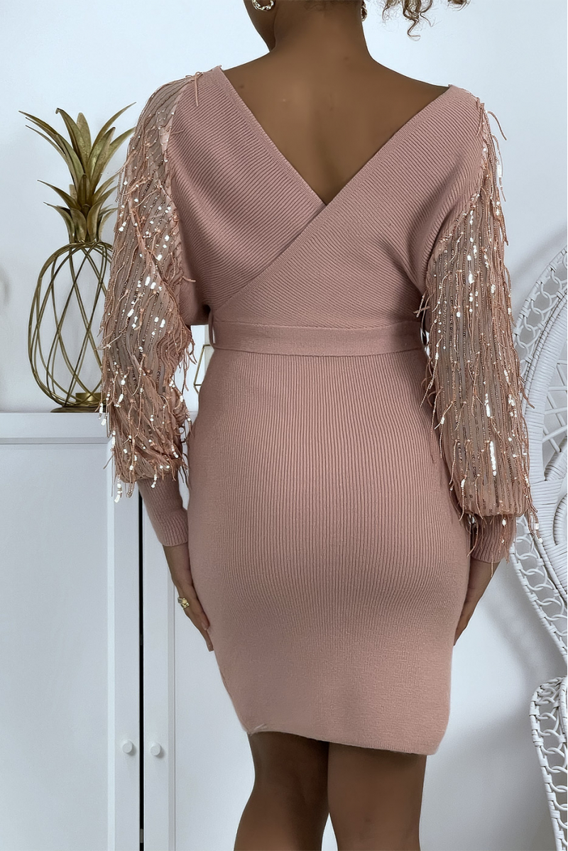 Pink Sequin Sleeve Sheer Wrap Dress - 5