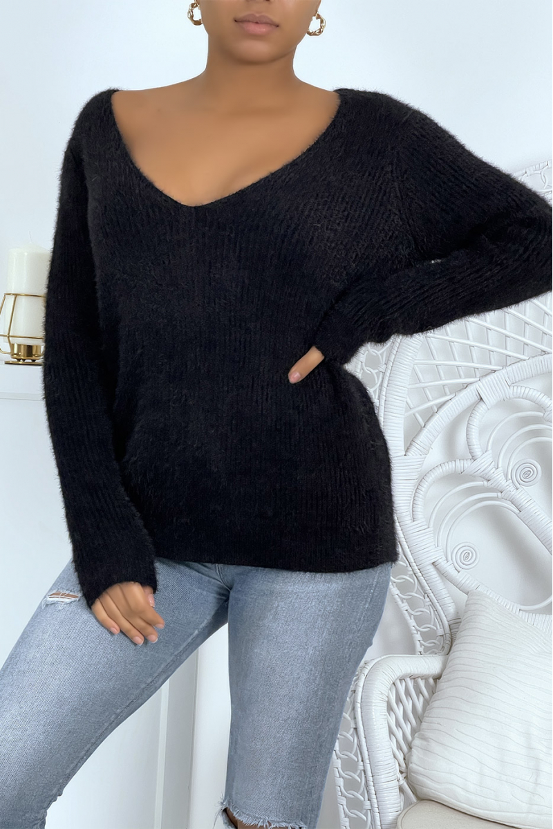 Black fluffy cocooning style V-neck sweater - 1