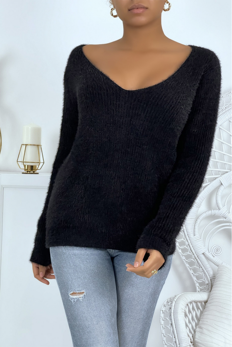 Black fluffy cocooning style V-neck sweater - 2