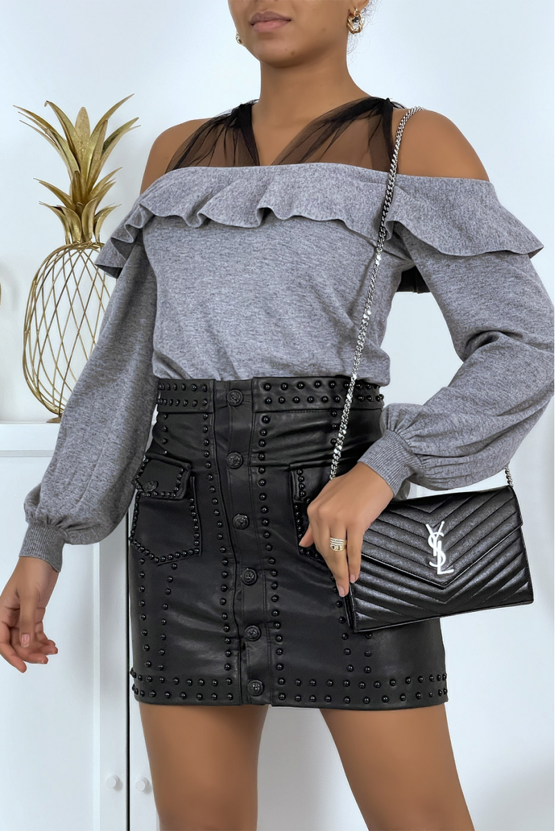 Gray ribbed top with dropped sleeves and sheer panel - 1