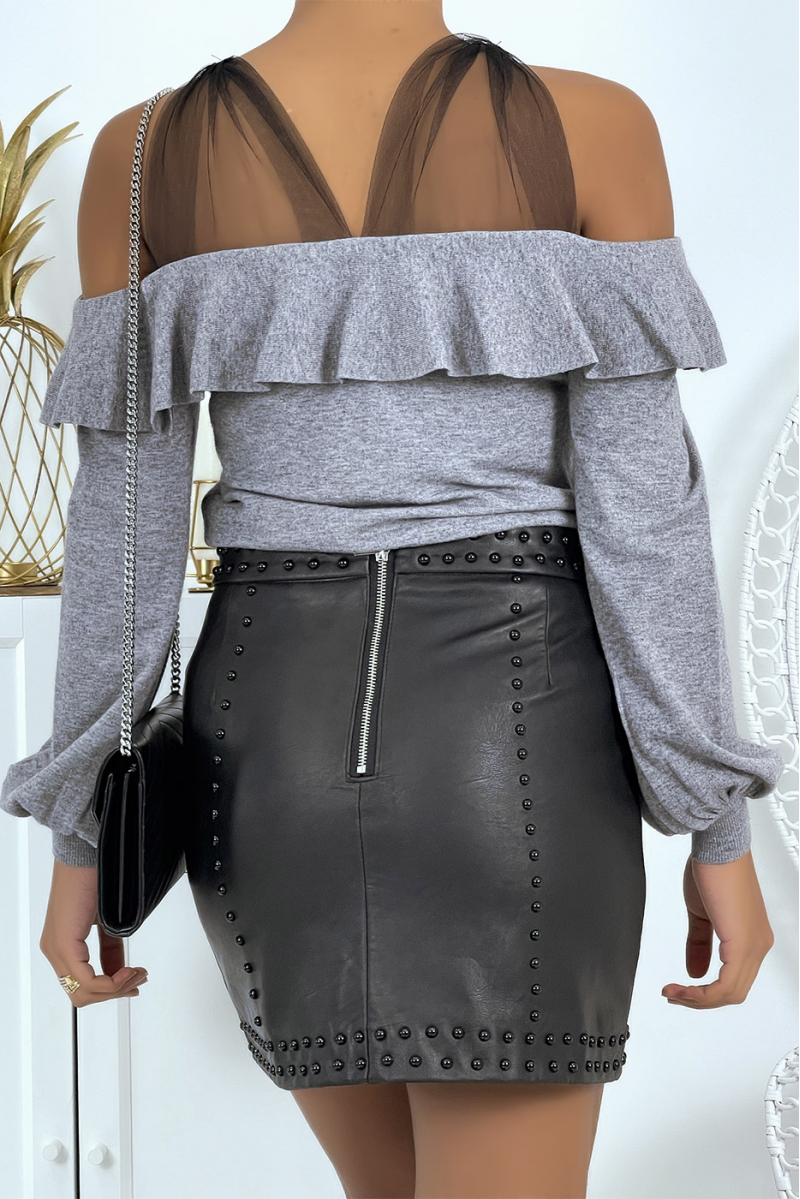 Gray ribbed top with dropped sleeves and sheer panel - 4