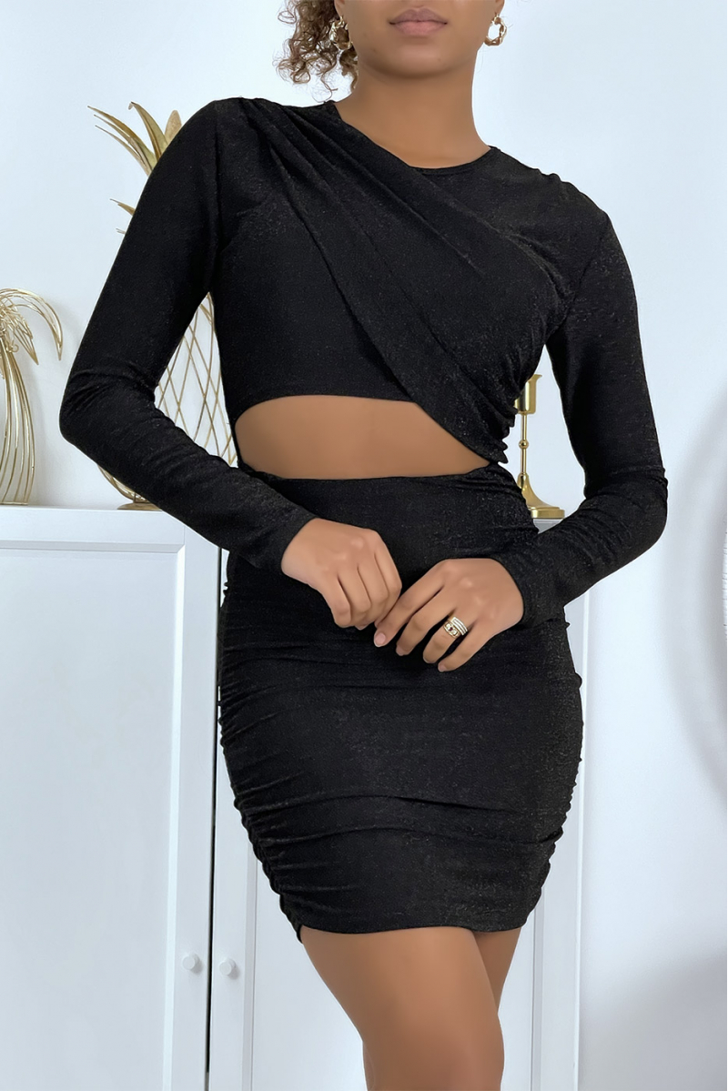 Black Sequin Asymmetric Long Sleeve Bodycon Evening Dress - 1