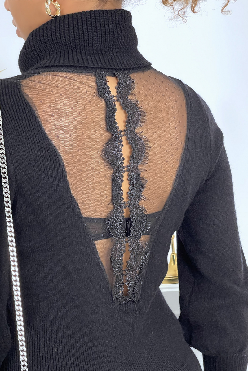 Robe pull col roulé noire à détails dentelle transparent dans le dos - 4