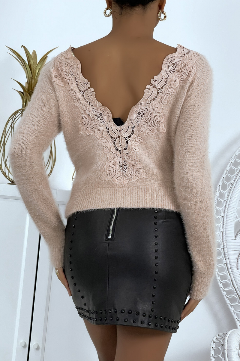 Pink fluffy sweater with open back and lace details - 3