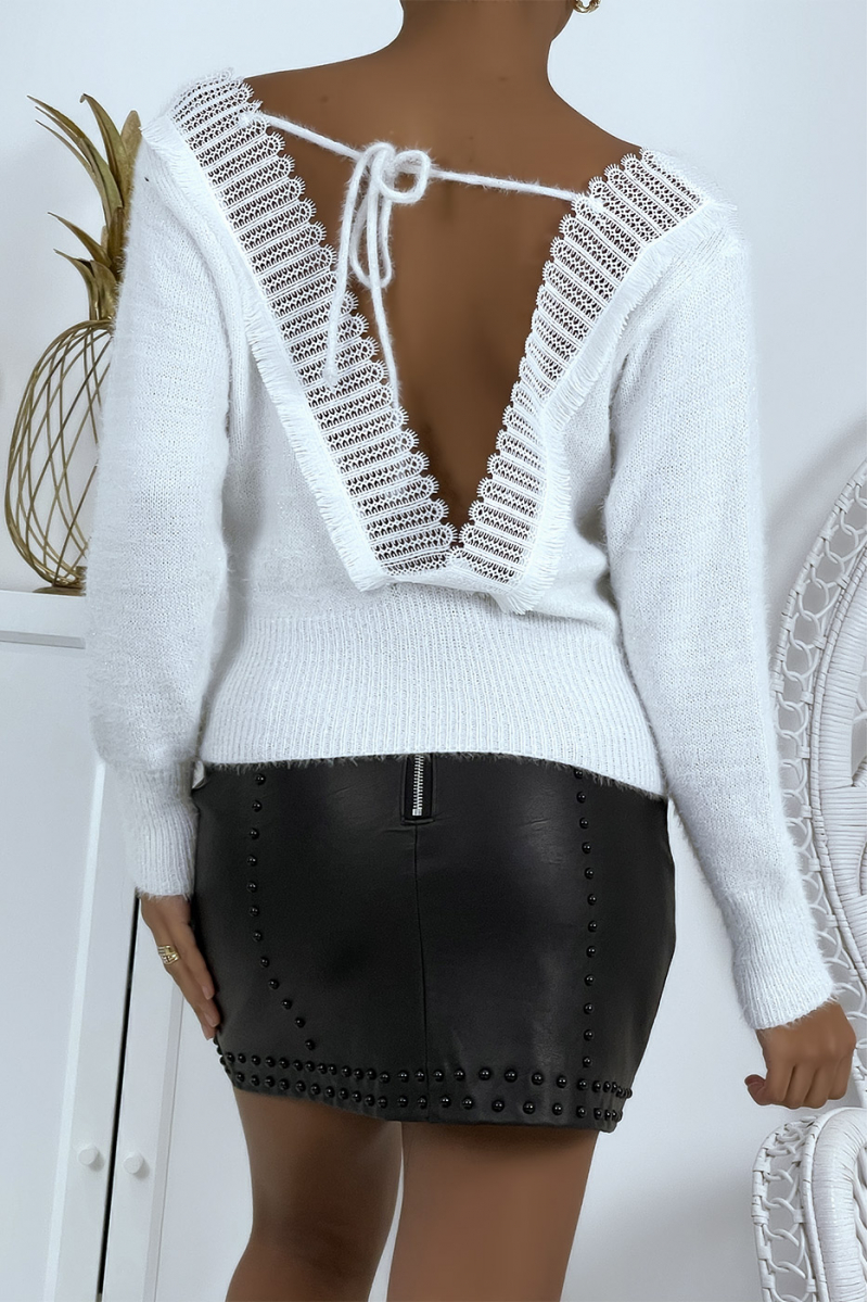 White fluffy sweater with pretty open back to tie - 2