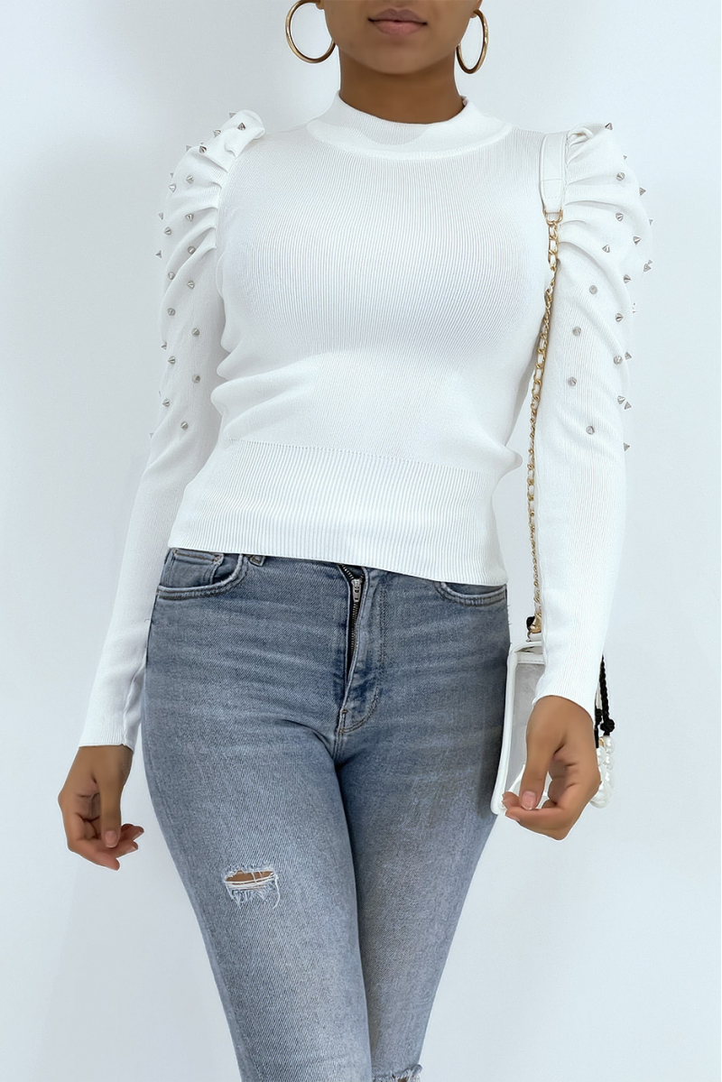 White tight-fitting sweater with studded balloon sleeves and very stretchy high round neck - 3