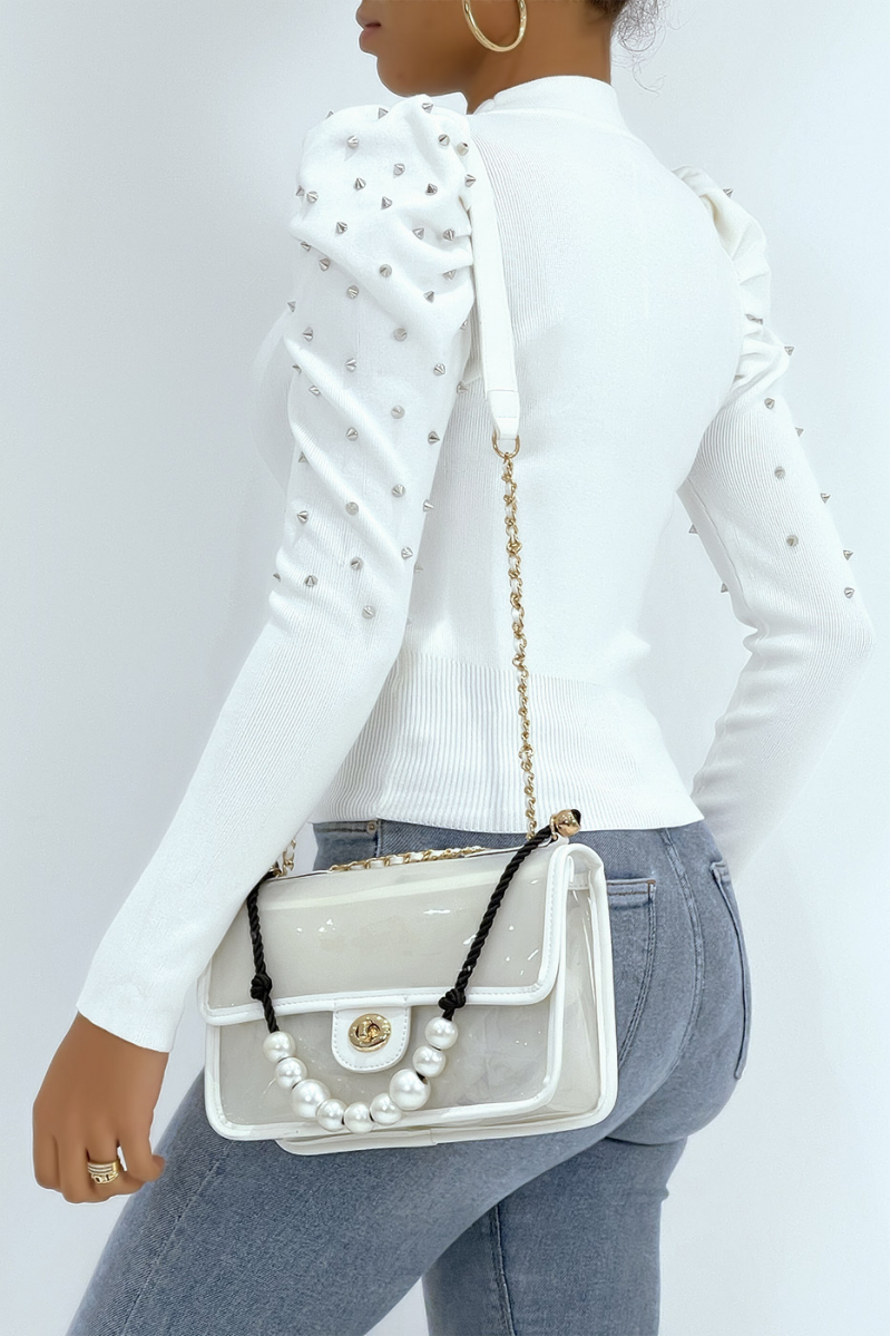 White tight-fitting sweater with studded balloon sleeves and very stretchy high round neck - 4