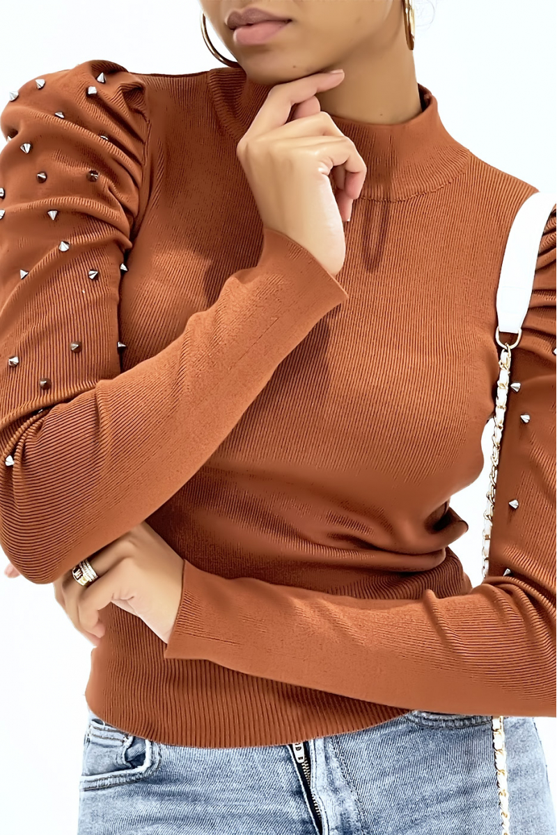 Form-fitting cognac sweater with studded balloon sleeves and very stretchy high round neck - 1