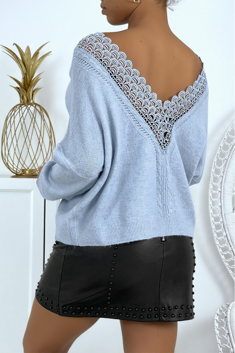 Fluid blue sweater in soft knit with pretty open back - 1