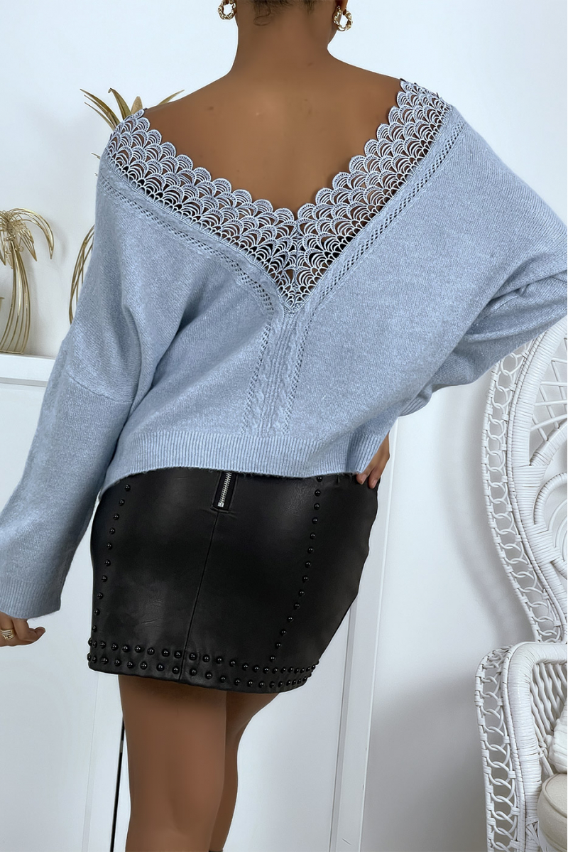 Fluid blue sweater in soft knit with pretty open back - 2