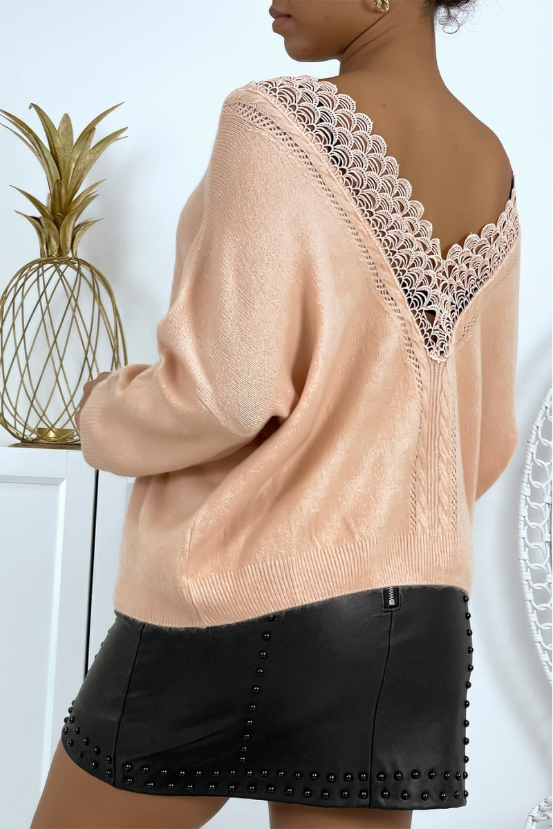 Roze soepelvallende trui van zacht breisel met mooie open rug - 2