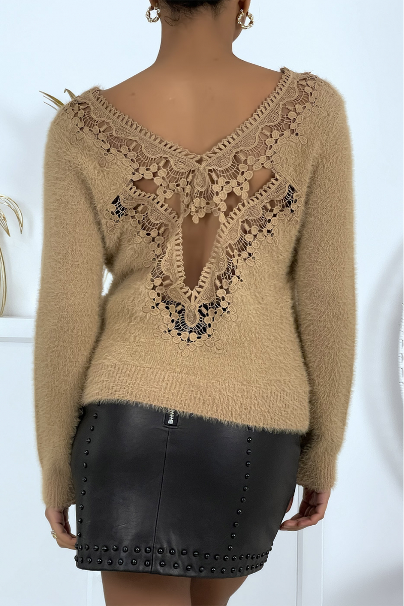 Fluffy camel sweater with openwork in the back - 2