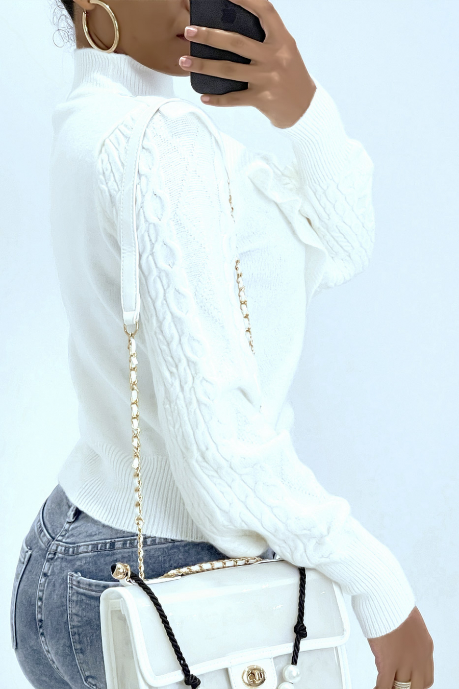 Pull blanc à col montant en dentelle et à volants - 3