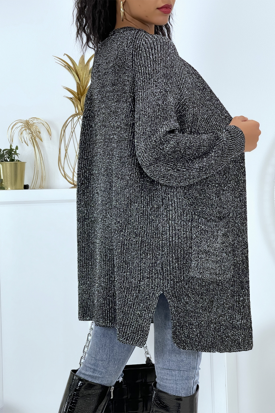 Mid-length silver-black glittery waistcoat slit on the sides in mesh with puffed sleeves - 3