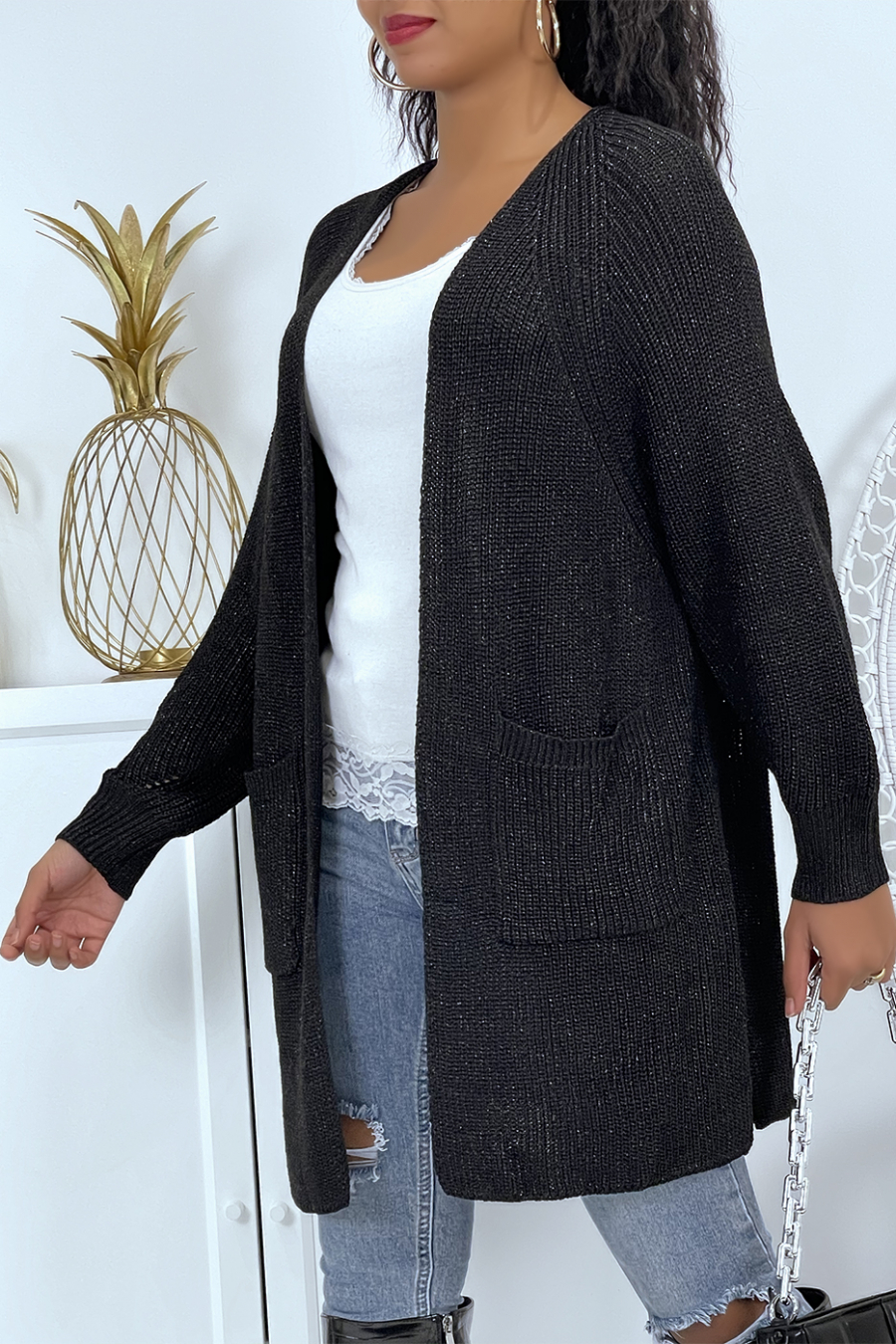 Gilet mi-long noir pailleté fendu sur les côtés en mailles avec manches bouffantes - 3