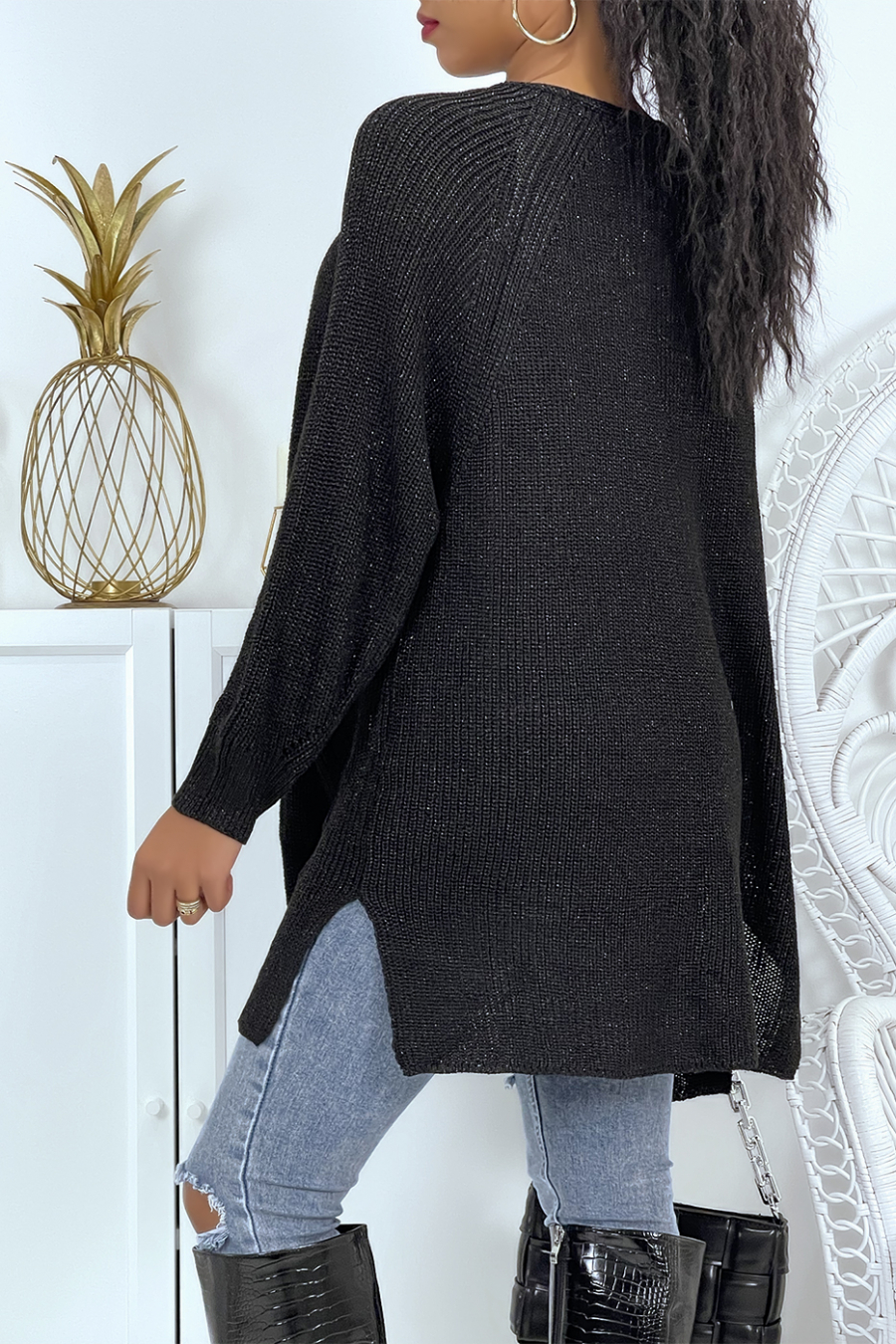 Gilet mi-long noir pailleté fendu sur les côtés en mailles avec manches bouffantes - 4