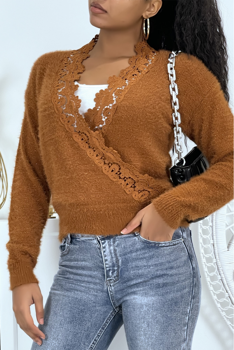 Cognac-colored wrap sweater and fluffy material - 1