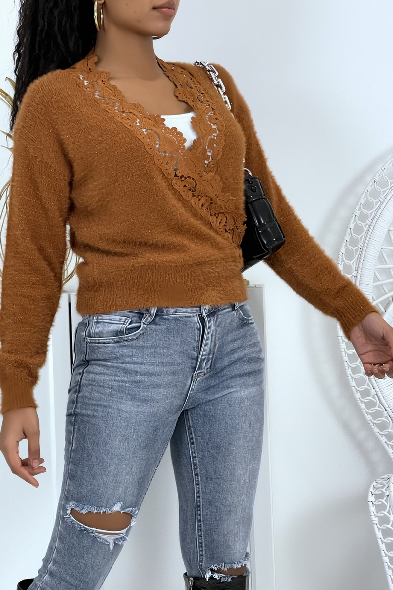 Cognac-colored wrap sweater and fluffy material - 3