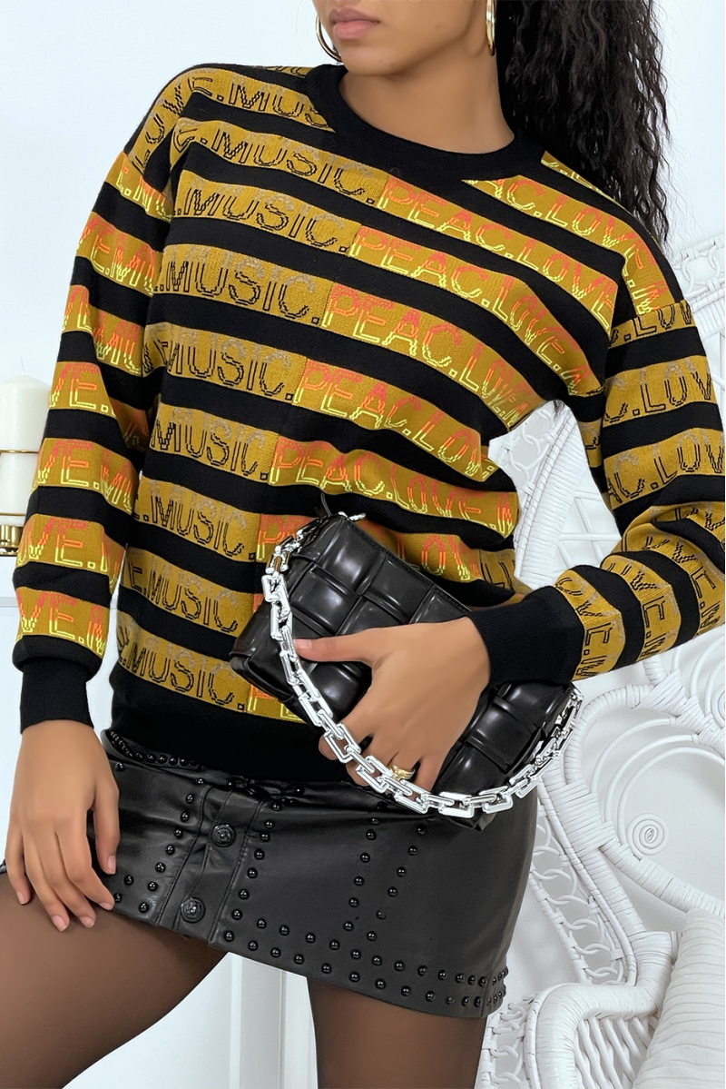 Short mustard sweater with black stripes and Music Peach Love writing round neck and long sleeves - 2