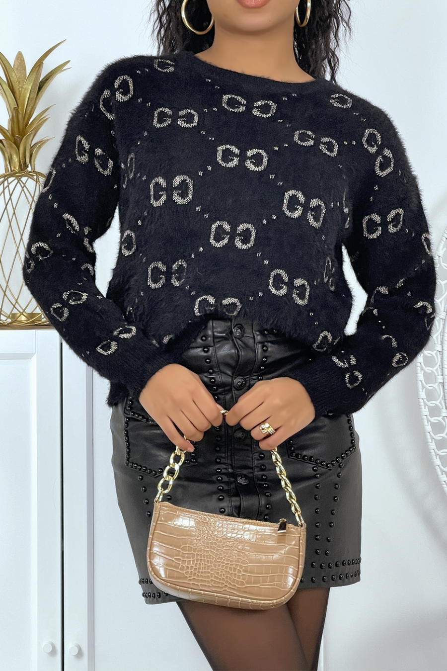 Black fluffy sweater with round neck and luxury diamond pattern - 1