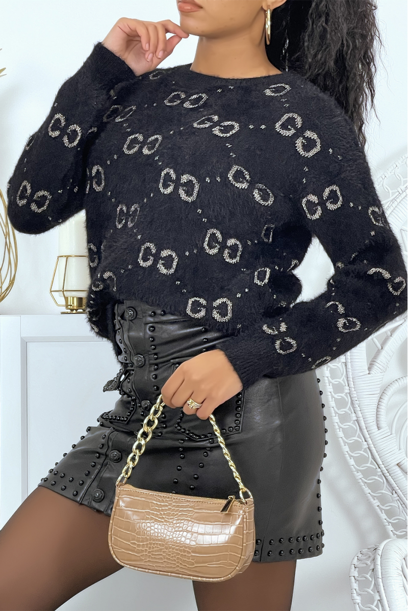 Black fluffy sweater with round neck and luxury diamond pattern - 2