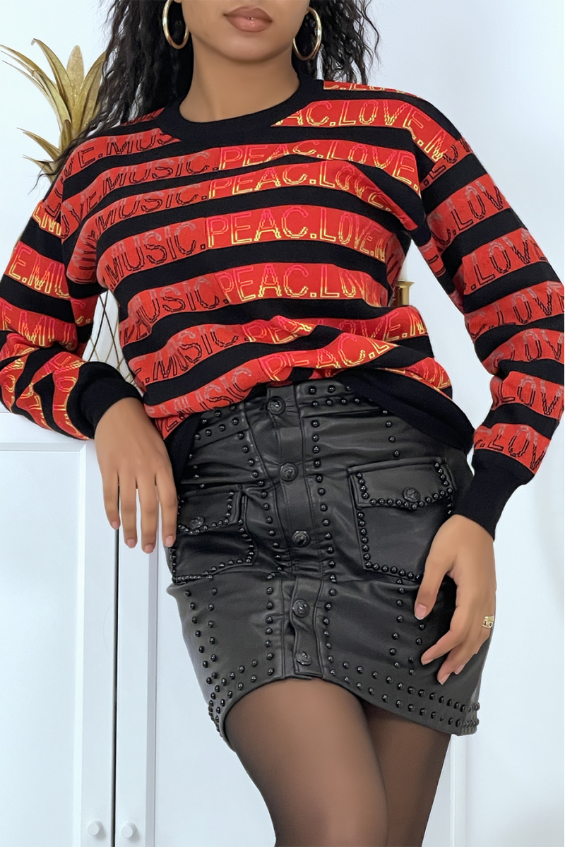 Red striped sweater with Music Peach Love writing round neck and long sleeves - 1