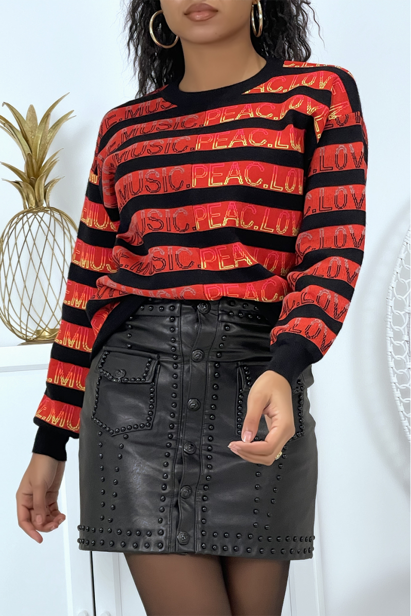 Red striped sweater with Music Peach Love writing round neck and long sleeves - 2
