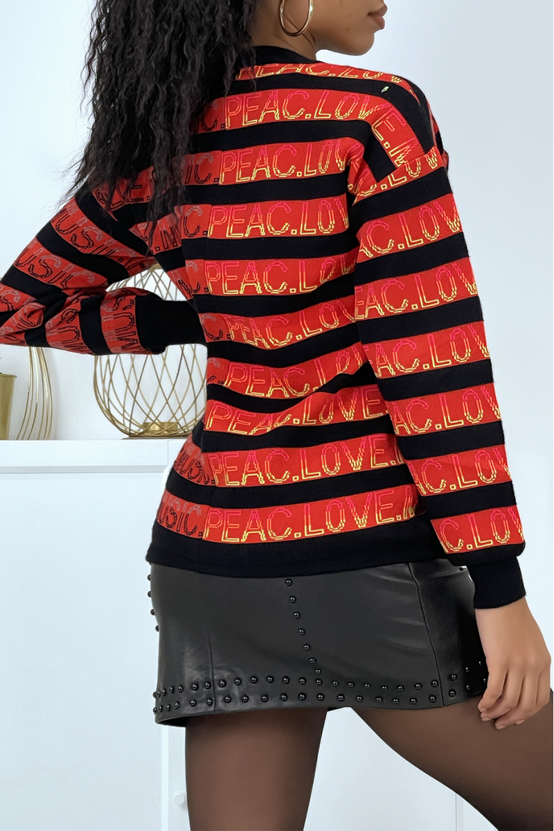 Red striped sweater with Music Peach Love writing round neck and long sleeves - 4