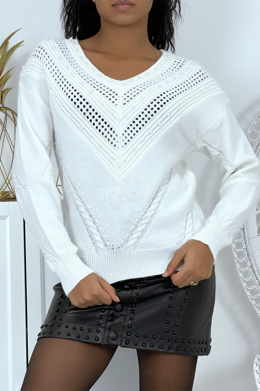 White openwork V-neck sweater with pearl details - 1
