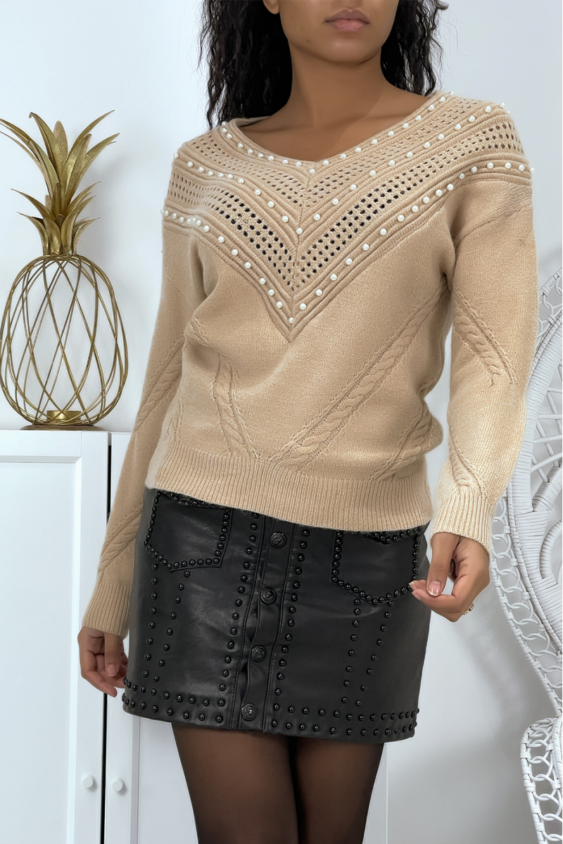 Pull rose col V ajouré à détails perles - 2