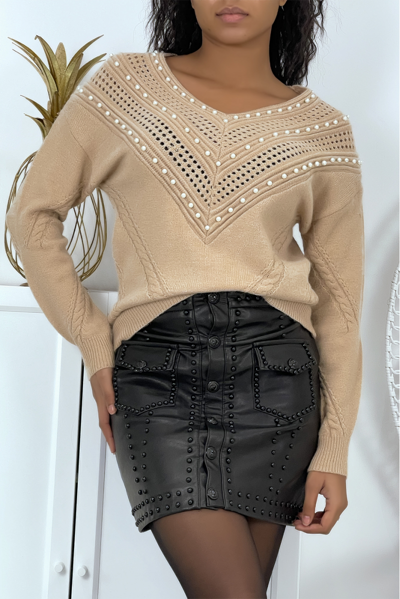 Pull rose col V ajouré à détails perles - 3