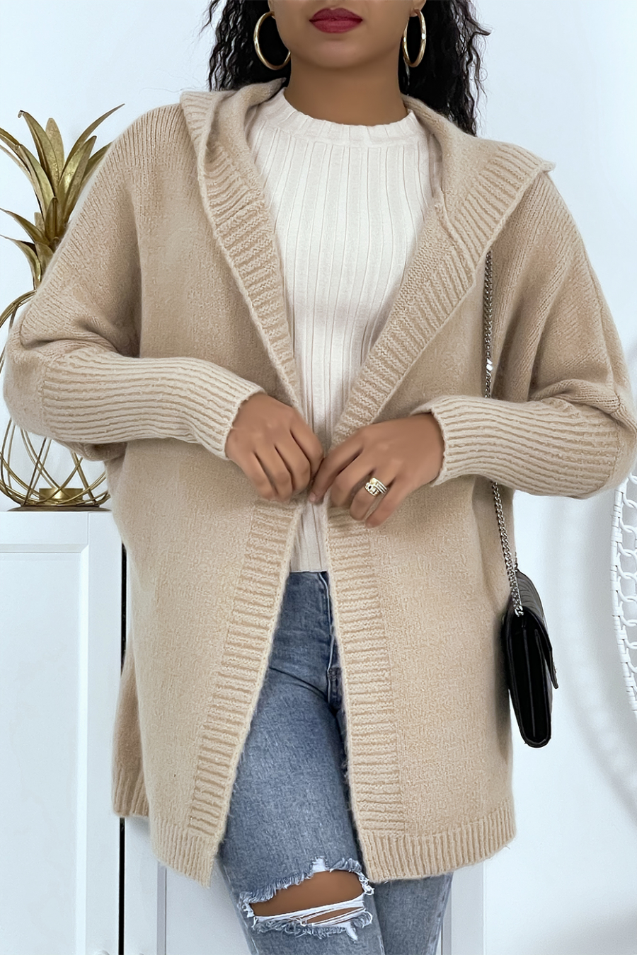 Gilet épais camel à capuche et manches chauve-souris - 1