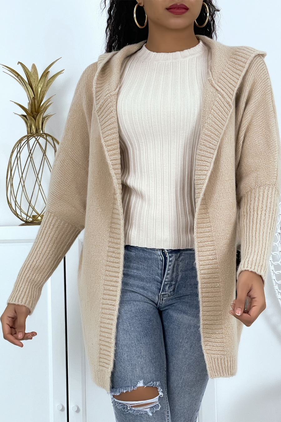 Gilet épais camel à capuche et manches chauve-souris - 2