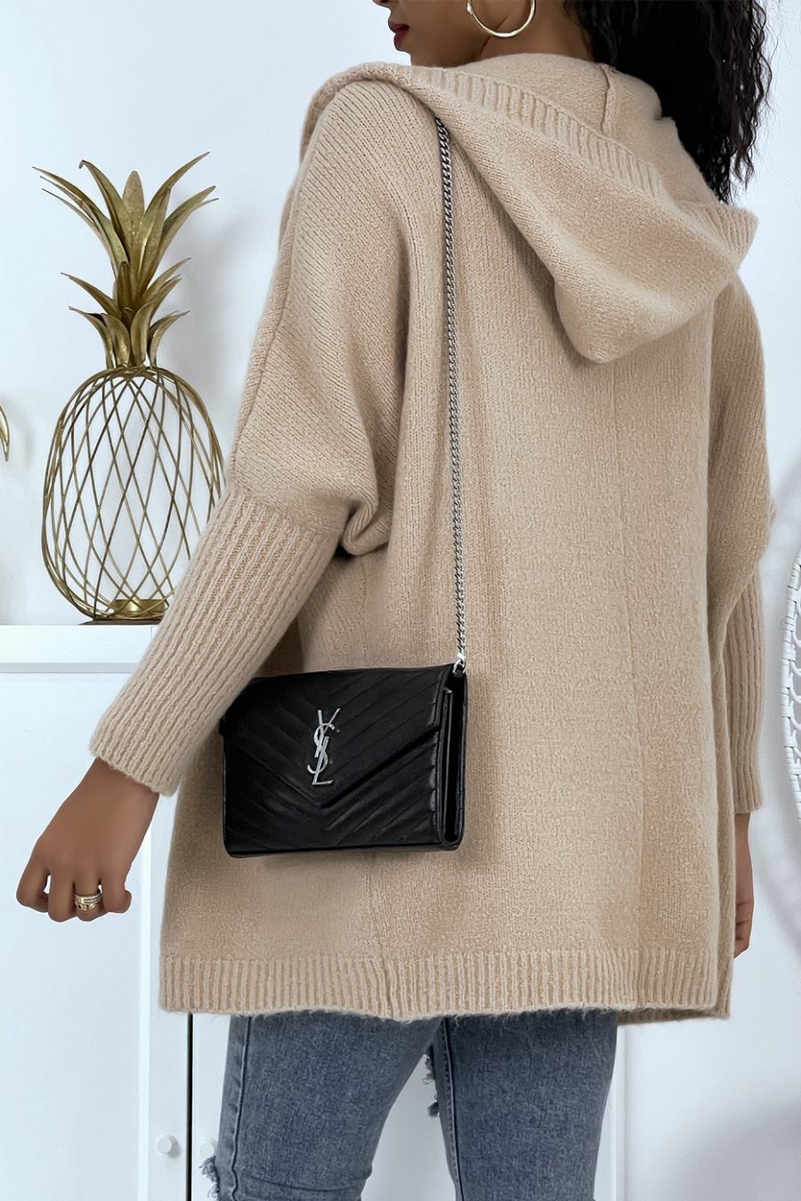 Gilet épais camel à capuche et manches chauve-souris - 3