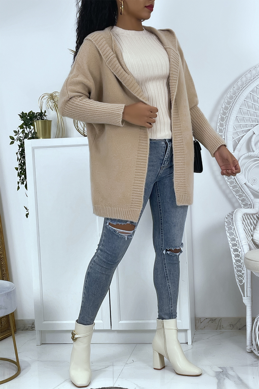 Gilet épais camel à capuche et manches chauve-souris - 5