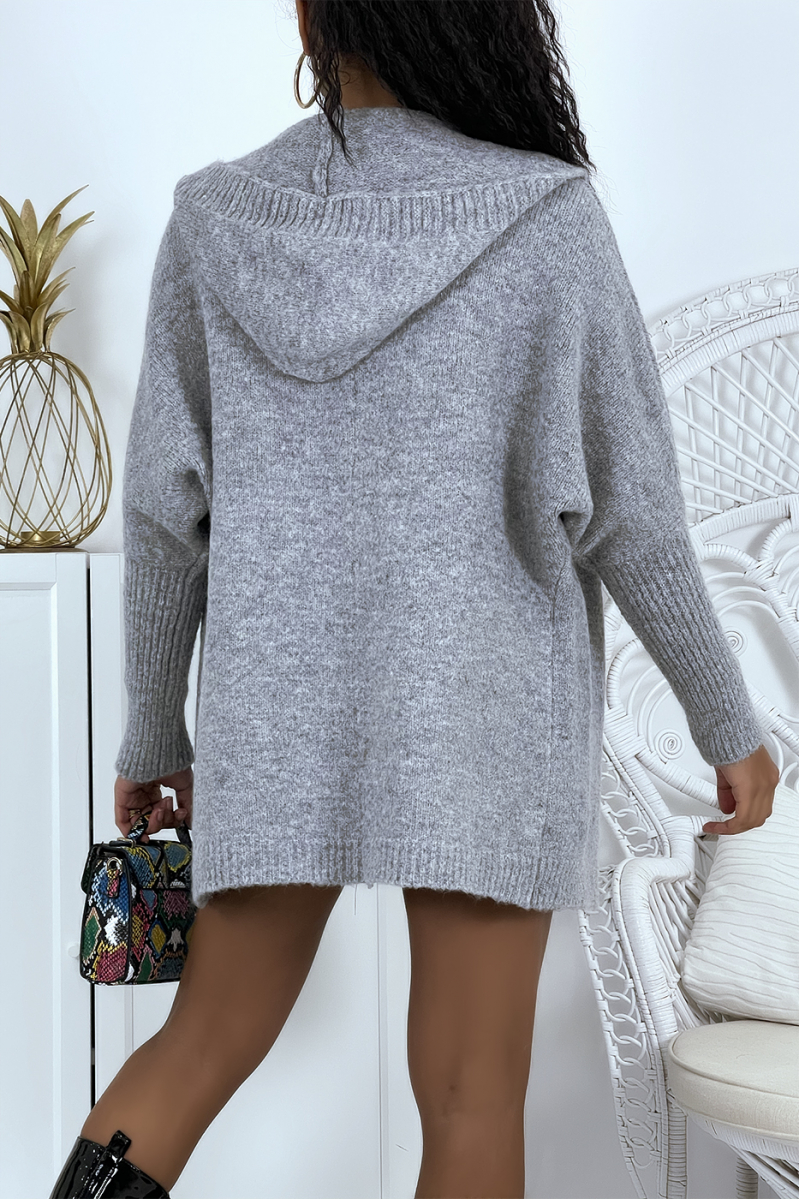 Gilet épais gris à capuche et manches chauve-souris - 4