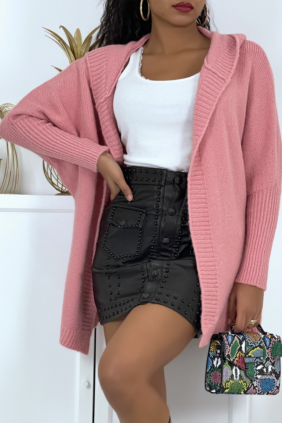 Zwaar roze vest met capuchon en vleermuismouwen - 2