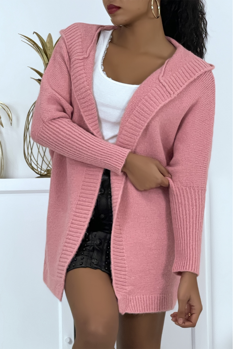 Heavy pink hooded cardigan with batwing sleeves - 6