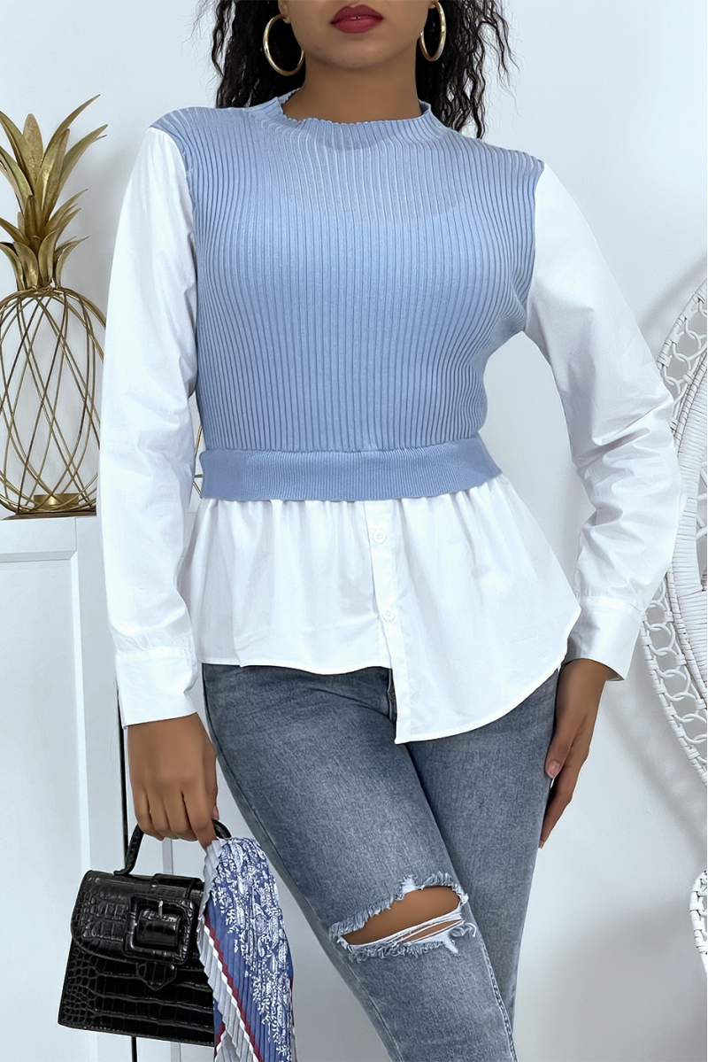 Bi-material shirt-effect top and blue sleeveless sweater - 1