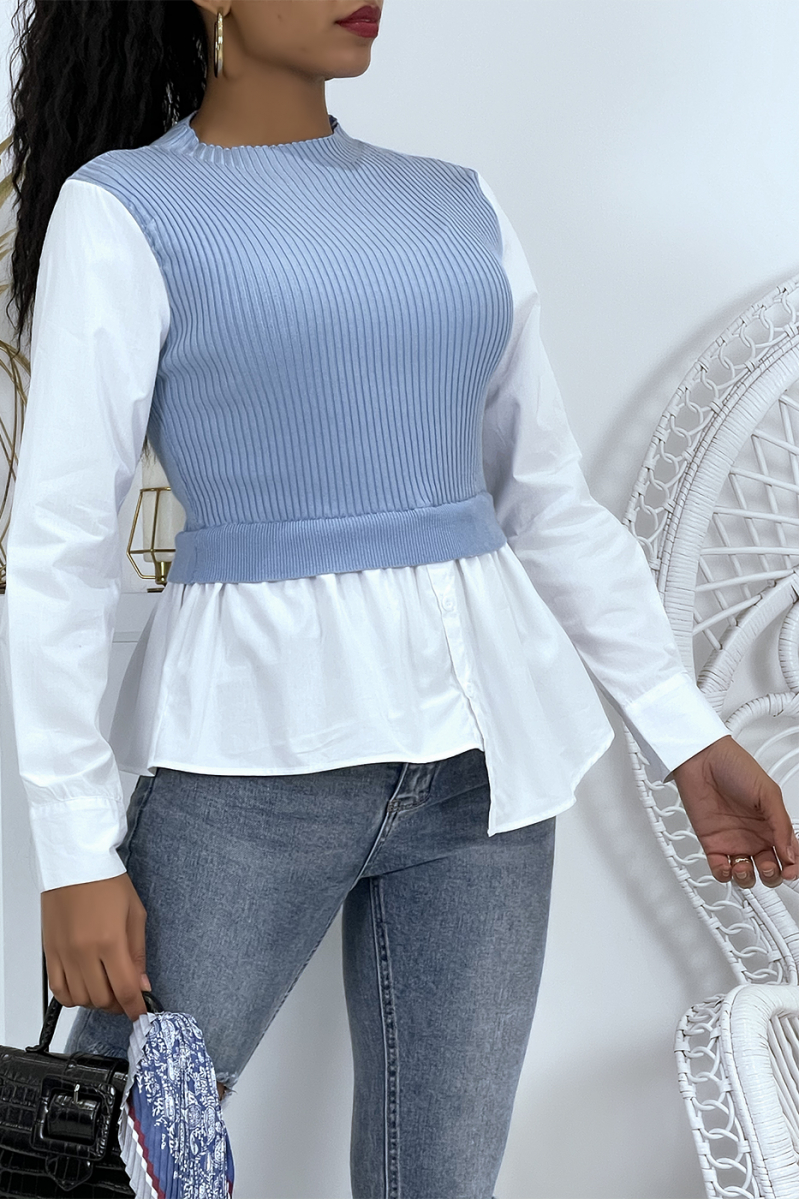 Bi-material shirt-effect top and blue sleeveless sweater - 2