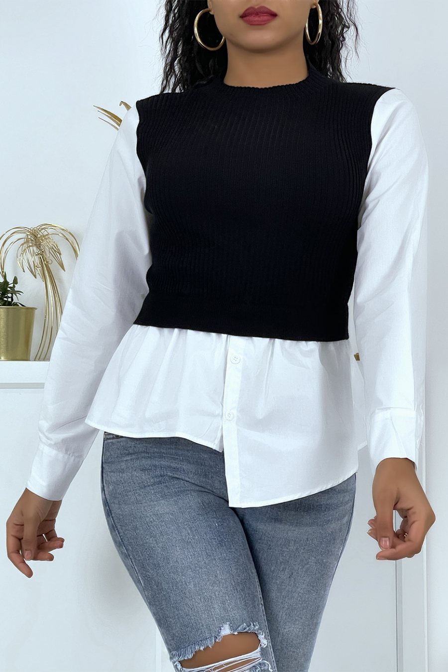Haut bi-matière effet chemise et pull sans manches noir - 1
