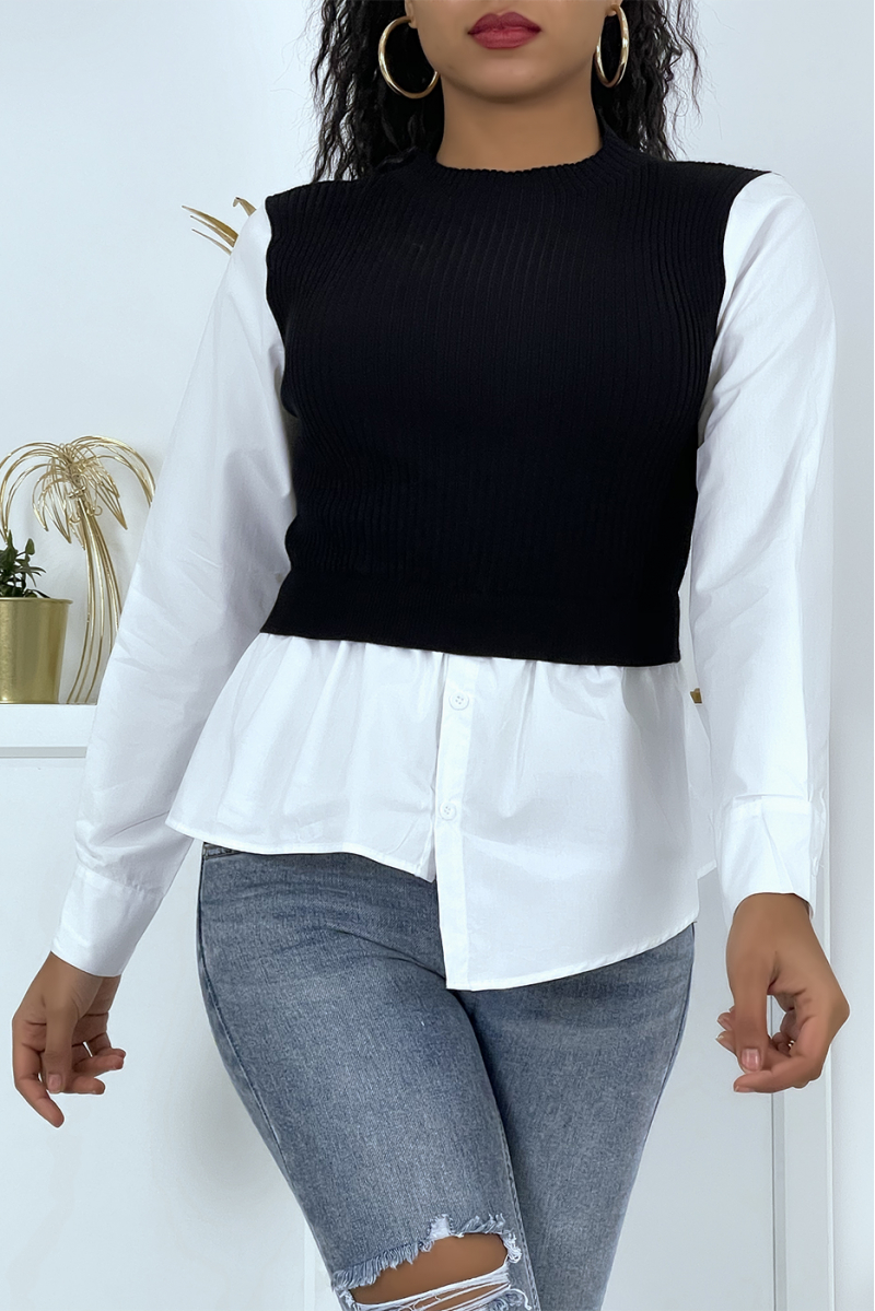 Zwarte top met shirteffect en mouwloze trui van twee materialen - 1