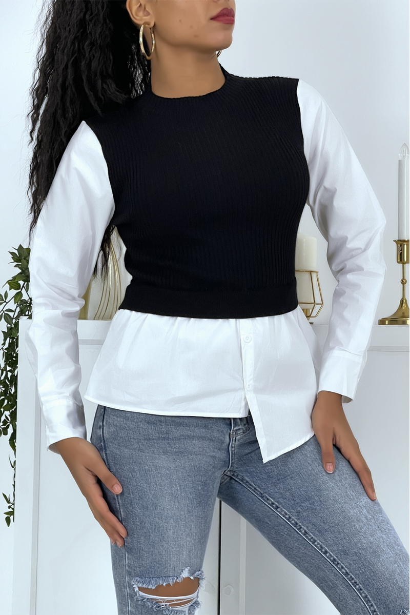 Zwarte top met shirteffect en mouwloze trui van twee materialen - 2