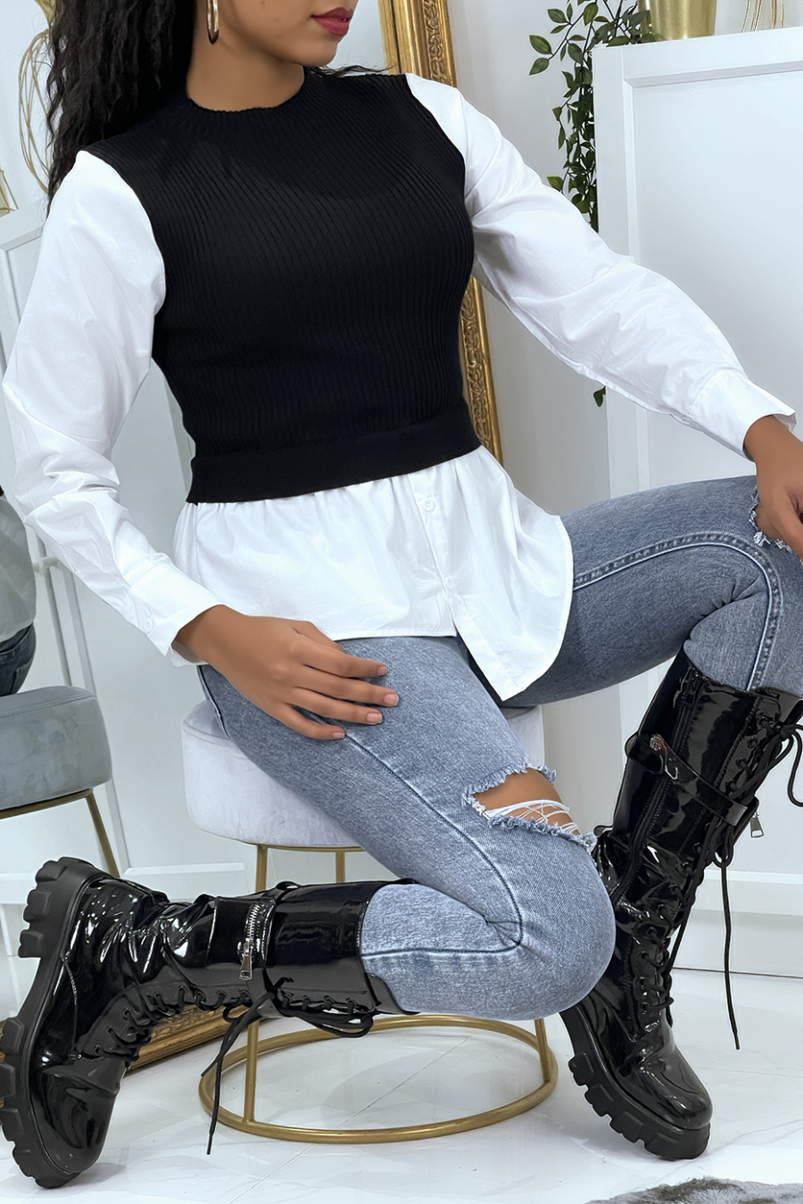 Haut bi-matière effet chemise et pull sans manches noir - 4