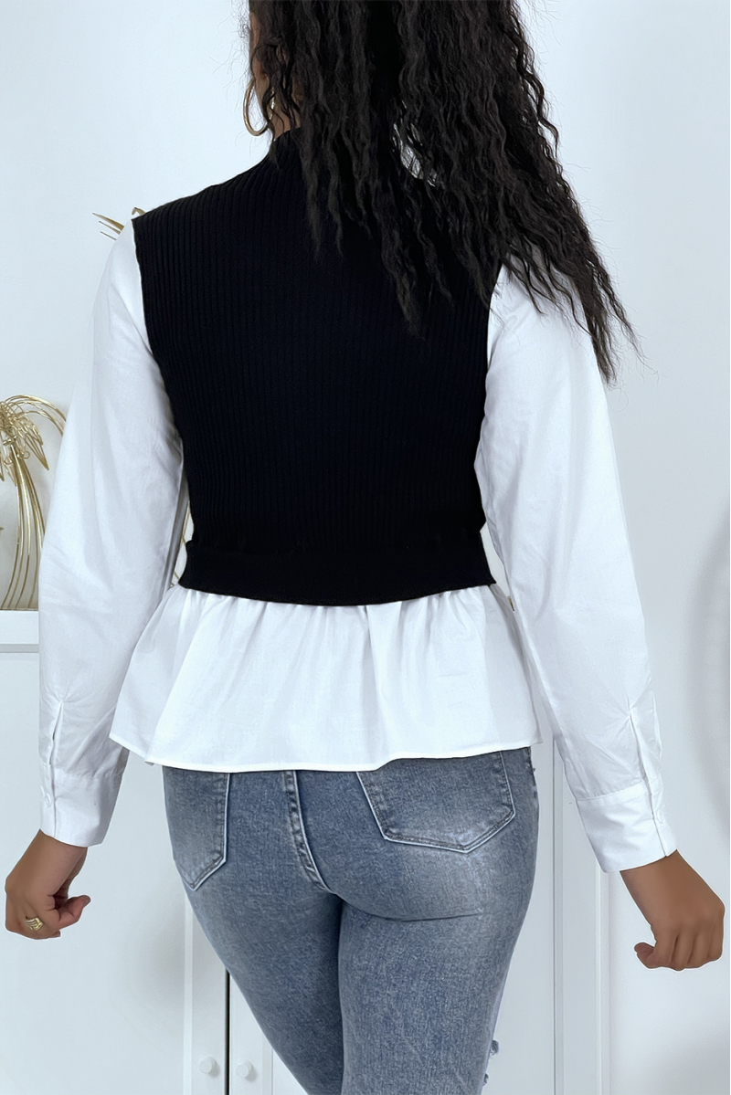 Zwarte top met shirteffect en mouwloze trui van twee materialen - 5