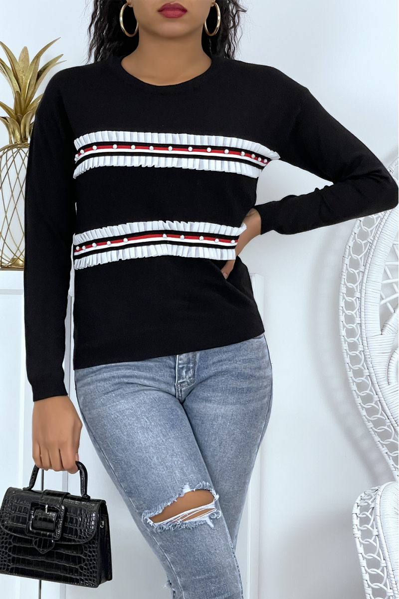 Classic black sweater with round neck and pearl bands and ruffles - 1