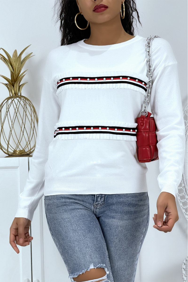 Classic white sweater with round neck and pearl bands and ruffles - 2